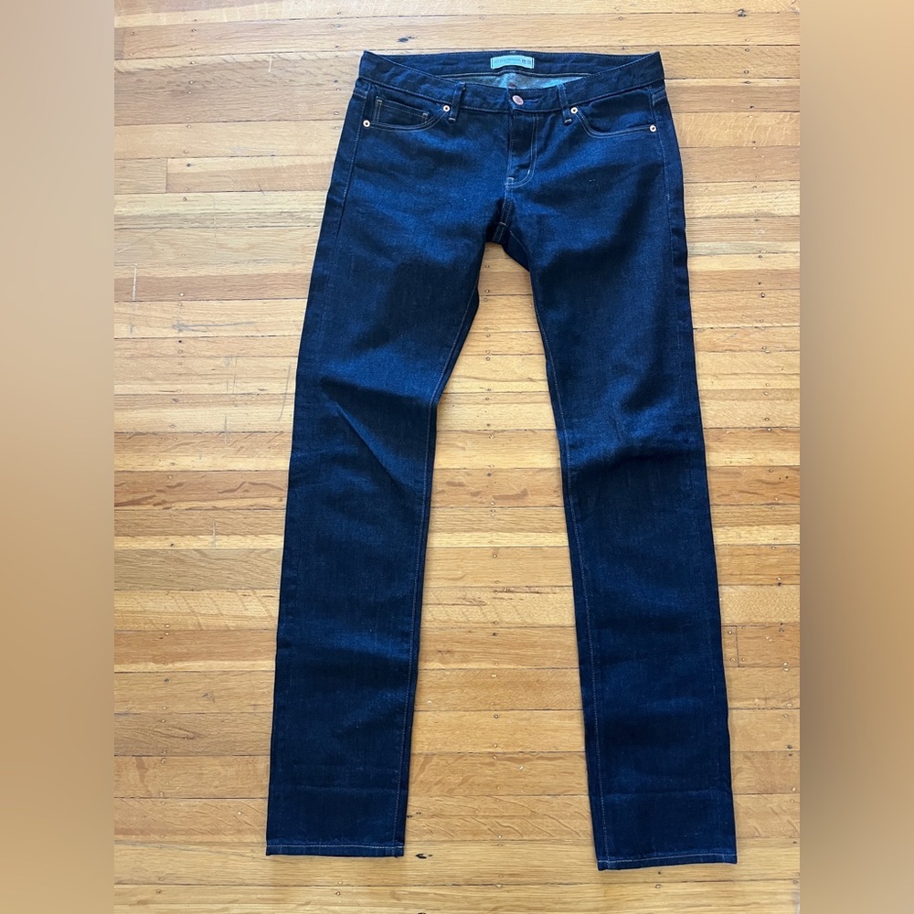 Uniqlo Ines De La Fressange raw dark denim jeans low rise straight leg slim 27